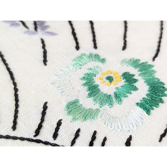 Teal Flowers Lavender Hand Embroidered Linen Dish Towel Vtg Floral Embroidery - Picture 4 of 9